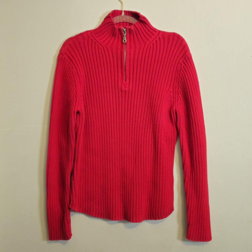 St.John's Bay Red Ribbed Fitted Knit Quarter Zip Cotton Sweater Size Large